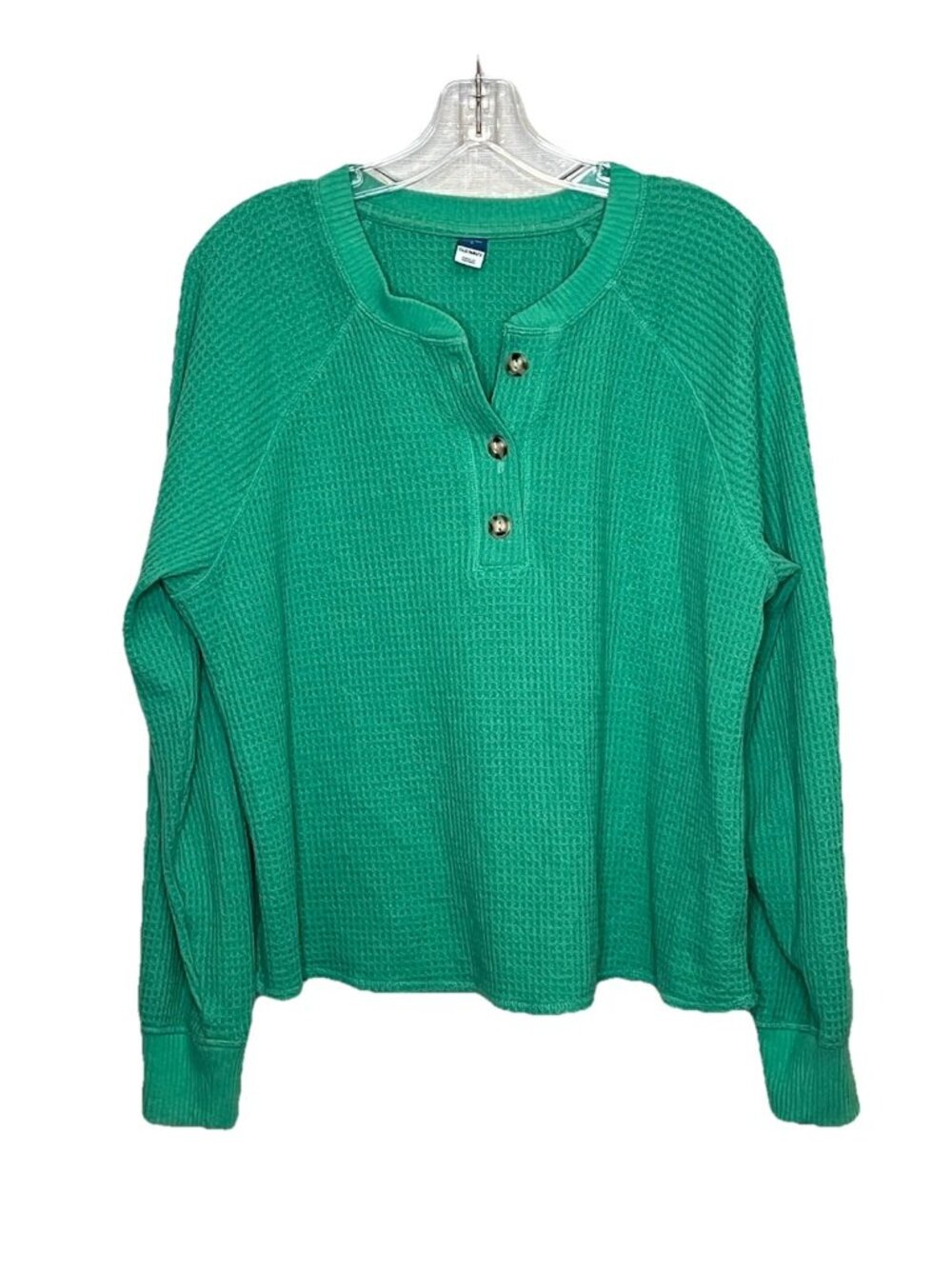 Old Navy Womens Large Green Wafflle Knit Henley Top Plush Tee Long Sleeve